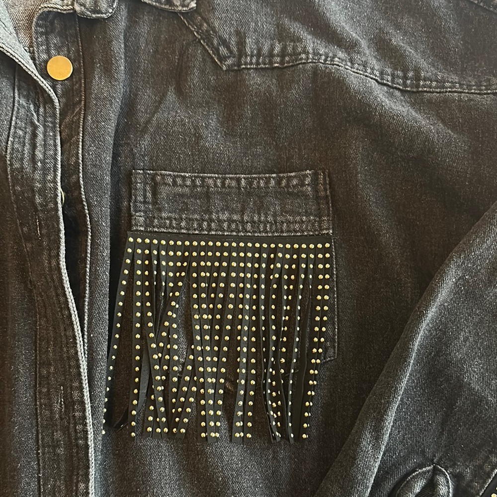 Black Jean Denim  Jacket with Fringe and Studs - Picture 6 of 11